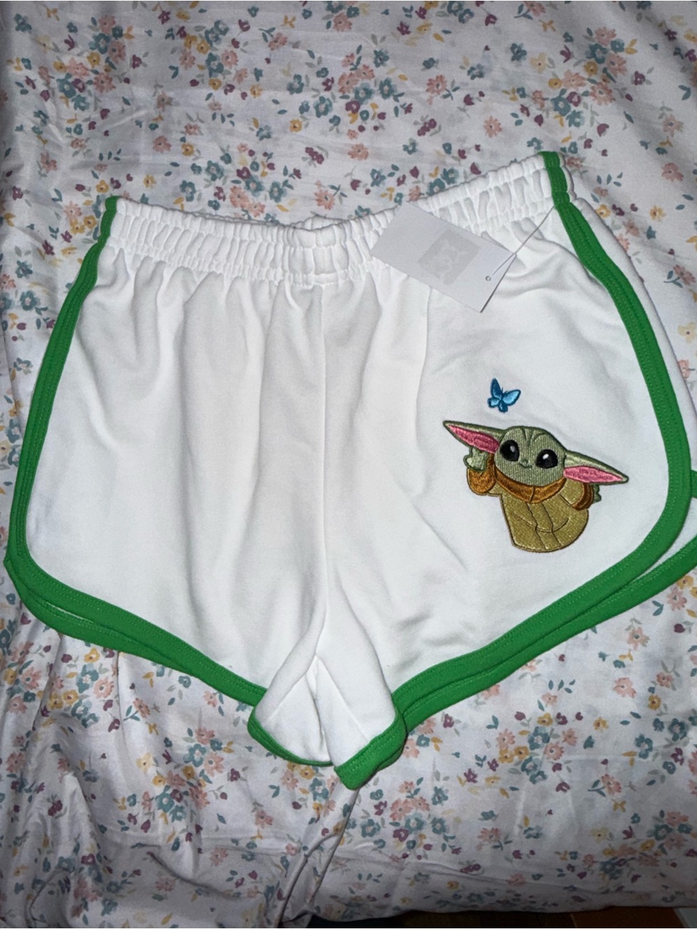 933-Star Wars White Athletic Shorts with Green Trim and Grogu Patch